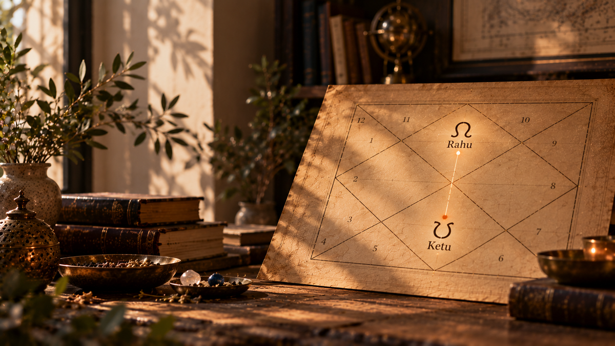 Rahu and Ketu forming the lunar node axis in a Vedic birth chart